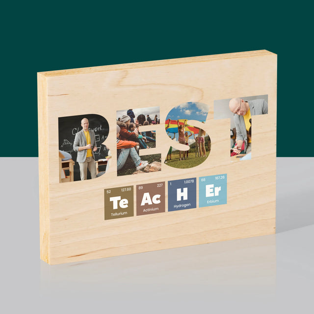 Cuvânt Din Fotografii: Best Teacher Elemente Chimice - Imprimare Pe Lemn (Horizontală)