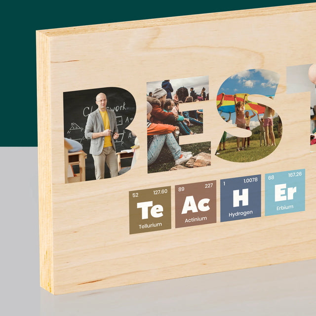 Cuvânt Din Fotografii: Best Teacher Elemente Chimice - Imprimare Pe Lemn (Horizontală)