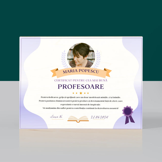 Fotografie Si Semnătură: Certificat De Recunoștință Pentru Cea Mai Bună Învățătoare - Imprimare Pe Lemn (Horizontală)