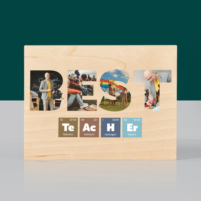 Cuvânt Din Fotografii: Best Teacher Elemente Chimice - Imprimare Pe Lemn (Horizontală)