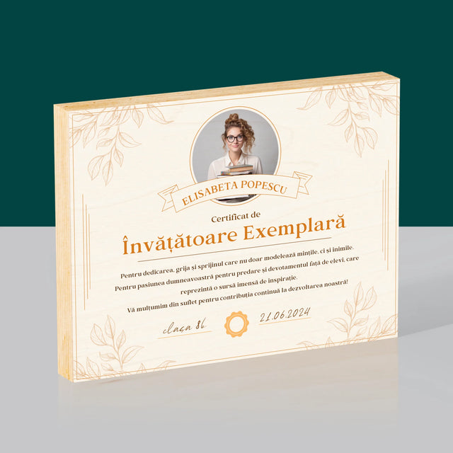 Fotografie Si Semnătură: Certificat De Învățătoare Exemplară - Imprimare Pe Lemn (Horizontală)
