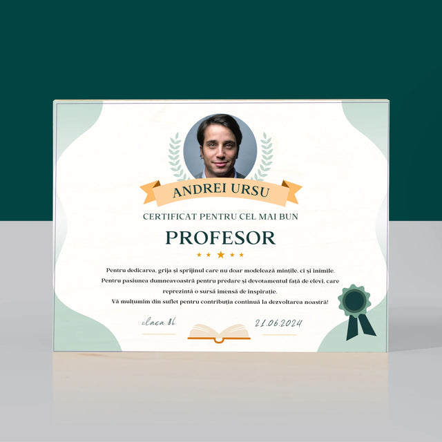 Fotografie Si Semnătură: Certificat De Recunoștință Pentru Cea Mai Bună Învățătoare - Imprimare Pe Lemn (Horizontală)