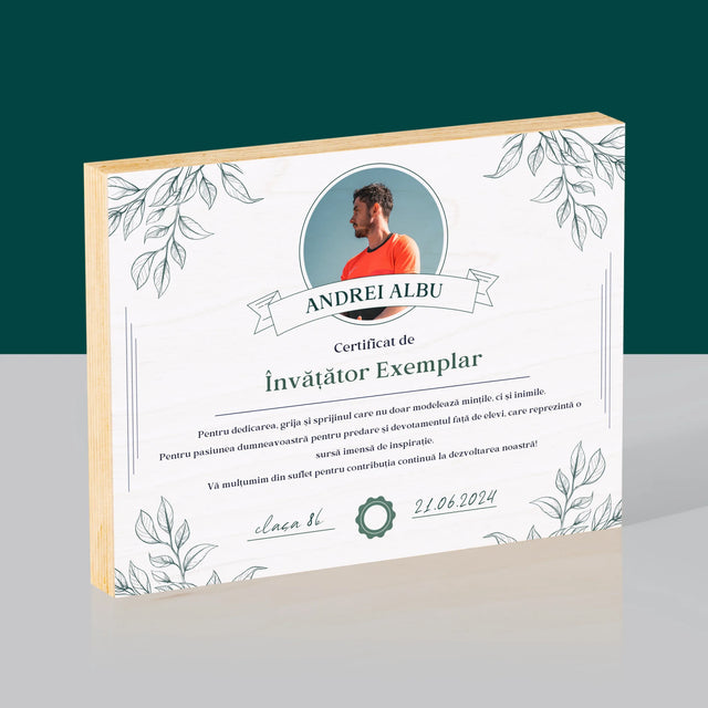 Fotografie Si Semnătură: Certificat De Învățător Exemplar - Imprimare Pe Lemn (Horizontală)