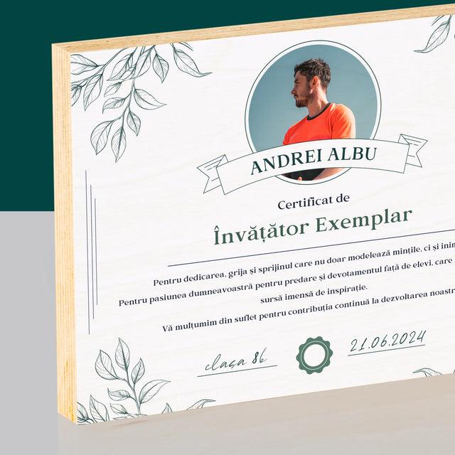 Fotografie Si Semnătură: Certificat De Învățător Exemplar - Imprimare Pe Lemn (Horizontală)