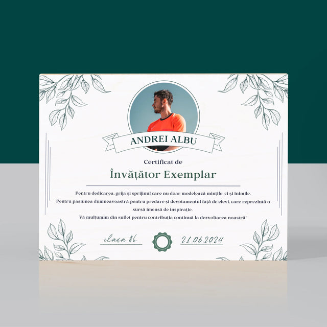 Fotografie Si Semnătură: Certificat De Învățător Exemplar - Imprimare Pe Lemn (Horizontală)