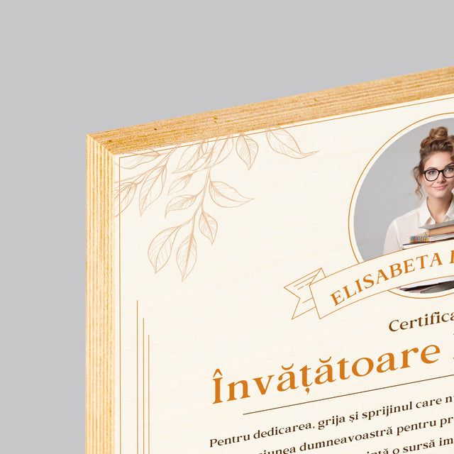 Fotografie Si Semnătură: Certificat De Învățătoare Exemplară - Imprimare Pe Lemn (Horizontală)