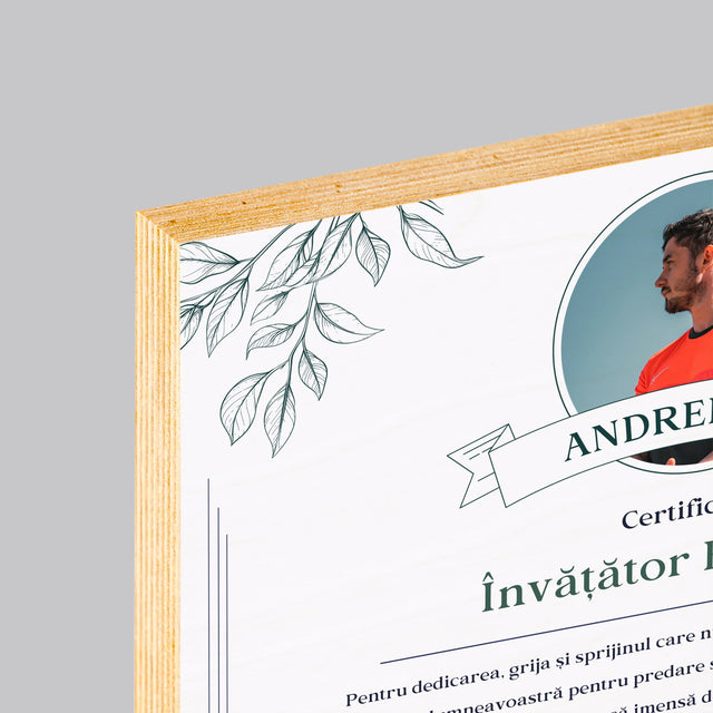 Fotografie Si Semnătură: Certificat De Învățător Exemplar - Imprimare Pe Lemn (Horizontală)