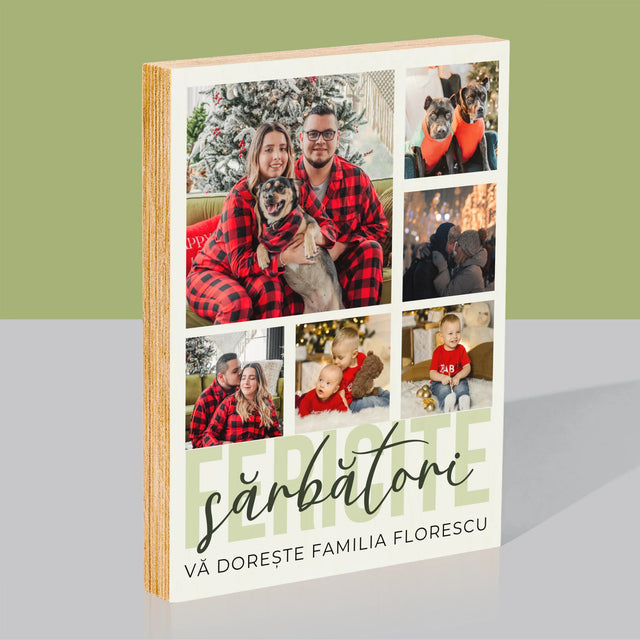 Colaj De Fotografii: Sărbători Fericite - Imprimare Pe Lemn ( Verticală)