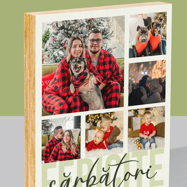 Colaj De Fotografii: Sărbători Fericite - Imprimare Pe Lemn ( Verticală)