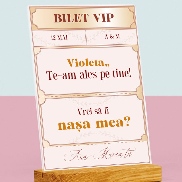 Numele Și Semnătura: Bilete Vip Nașă - Imprimare Pe Sticlă Acrilică (Verticală)