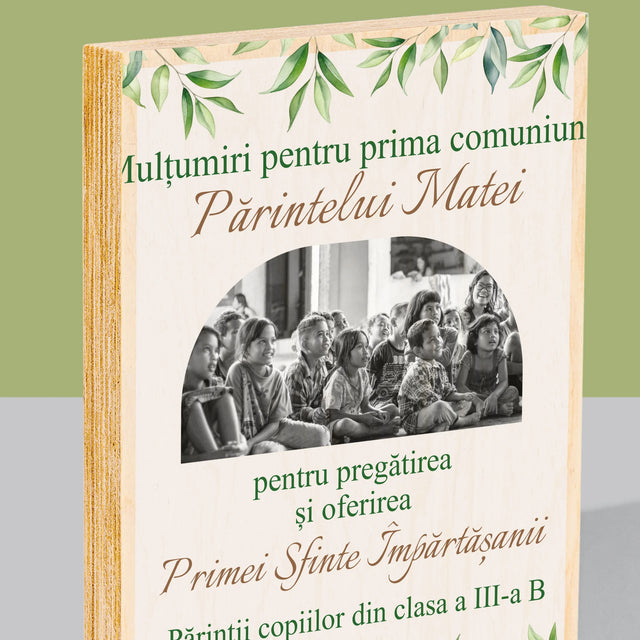 Fotografie Si Semnătură: Mulțumiri Pentru Prima Comuniune - Imprimare Pe Lemn ( Verticală)