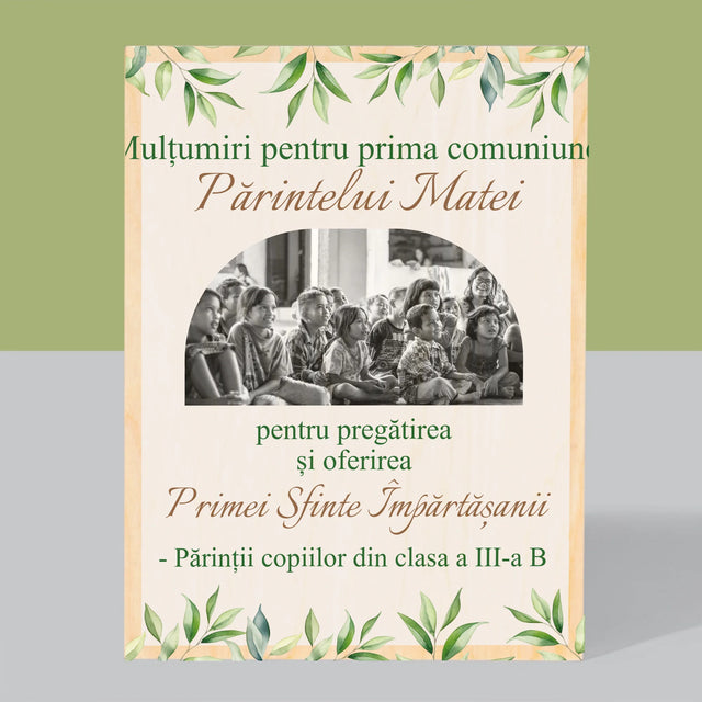Fotografie Si Semnătură: Mulțumiri Pentru Prima Comuniune - Imprimare Pe Lemn ( Verticală)