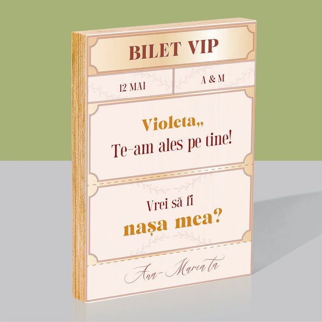 Numele Și Semnătura: Bilete Vip Nașă - Imprimare Pe Lemn ( Verticală)