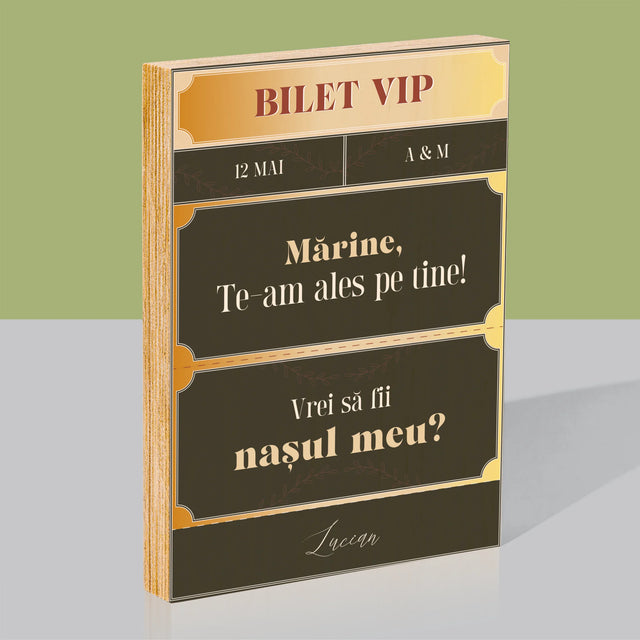 Numele Și Semnătura: Bilete Vip Naș - Imprimare Pe Lemn ( Verticală)