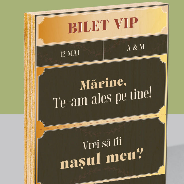Numele Și Semnătura: Bilete Vip Naș - Imprimare Pe Lemn ( Verticală)