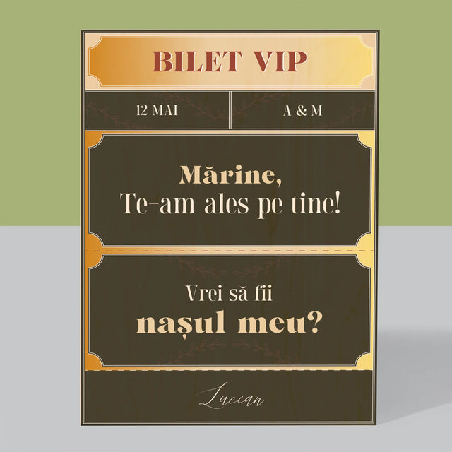 Numele Și Semnătura: Bilete Vip Naș - Imprimare Pe Lemn ( Verticală)