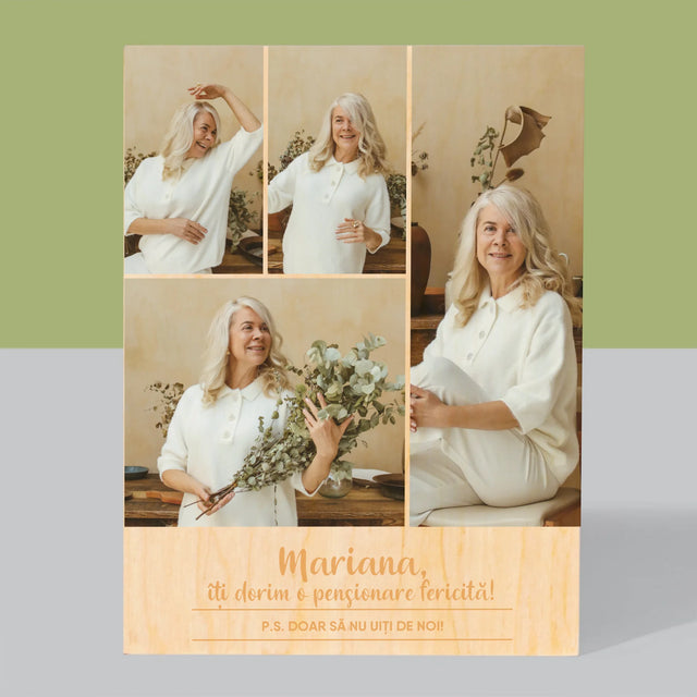 Colaj De Fotografii: Pensionare Fericită! - Imprimare Pe Lemn ( Verticală)