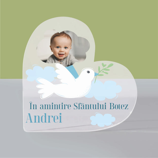 Fotografie și semnătură: Porumbel suvenir pentru botez - Inimă din bloc acrilic | RO