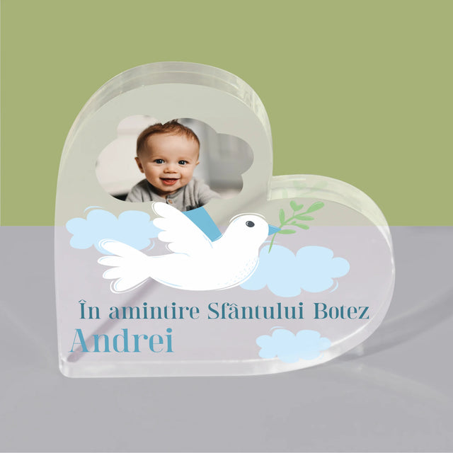Fotografie și semnătură: Porumbel suvenir pentru botez - Inimă din bloc acrilic | RO