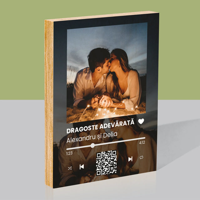 Fotografie Si Semnătură: Spotify Cu Fotografiile Tale Și Codul Qr - Imprimare Pe Lemn ( Verticală)