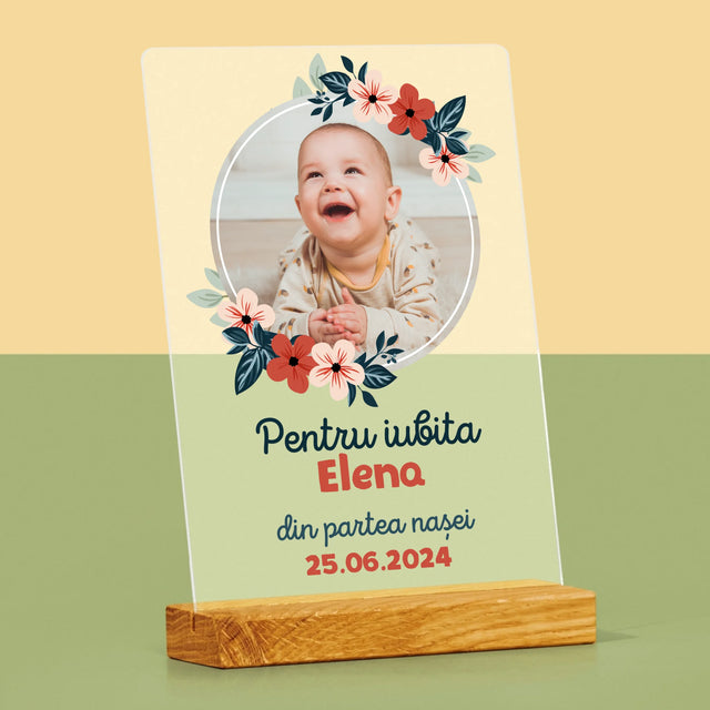 Fotografie Si Semnătură: Pentru Copil Din Partea Nașilor - Imprimare Pe Sticlă Acrilică (Verticală)