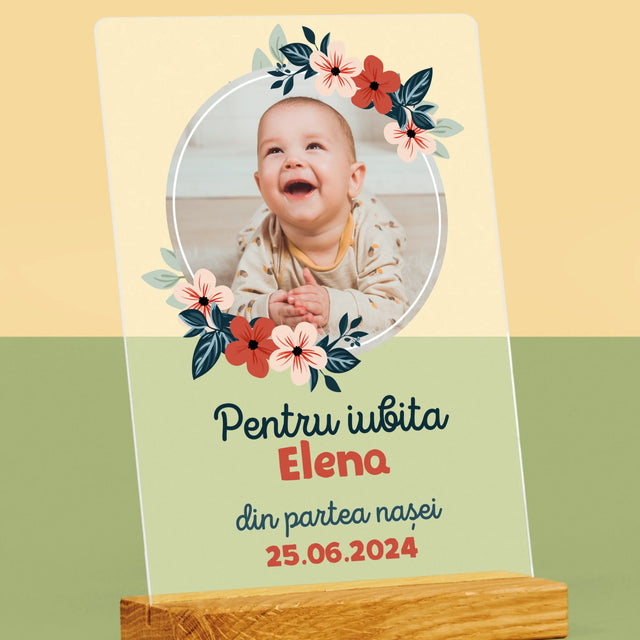Fotografie Si Semnătură: Pentru Copil Din Partea Nașilor - Imprimare Pe Sticlă Acrilică (Verticală)