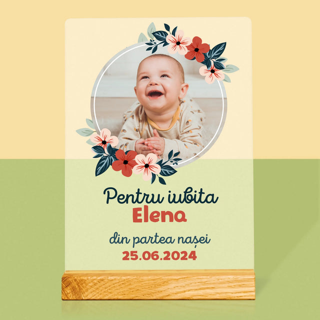 Fotografie Si Semnătură: Pentru Copil Din Partea Nașilor - Imprimare Pe Sticlă Acrilică (Verticală)