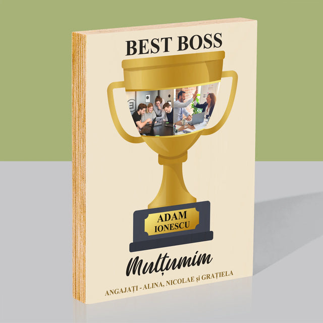 Colaj De Fotografii: Cupa Best Boss - Imprimare Pe Lemn ( Verticală)