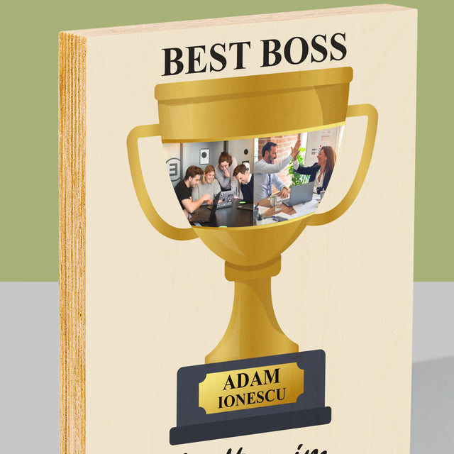 Colaj De Fotografii: Cupa Best Boss - Imprimare Pe Lemn ( Verticală)