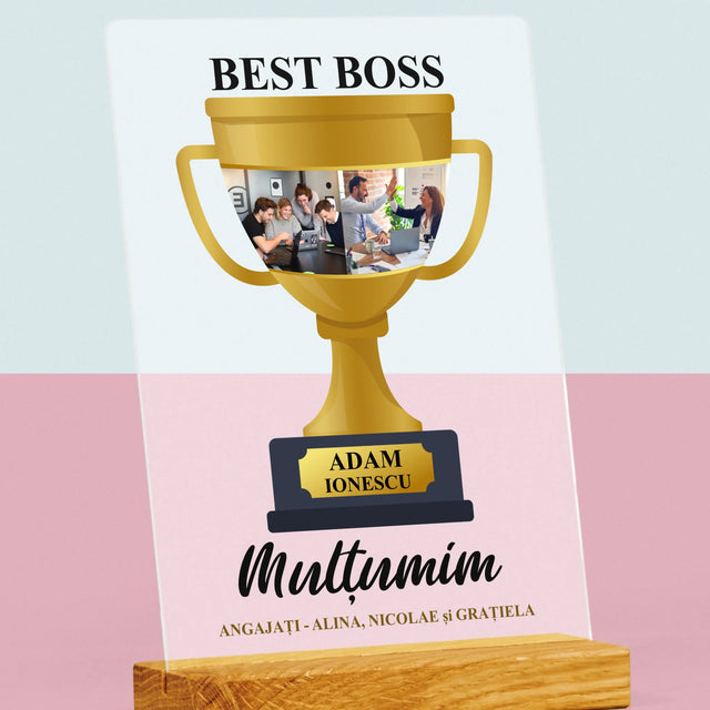 Colaj De Fotografii: Cupa Best Boss - Imprimare Pe Sticlă Acrilică (Verticală)
