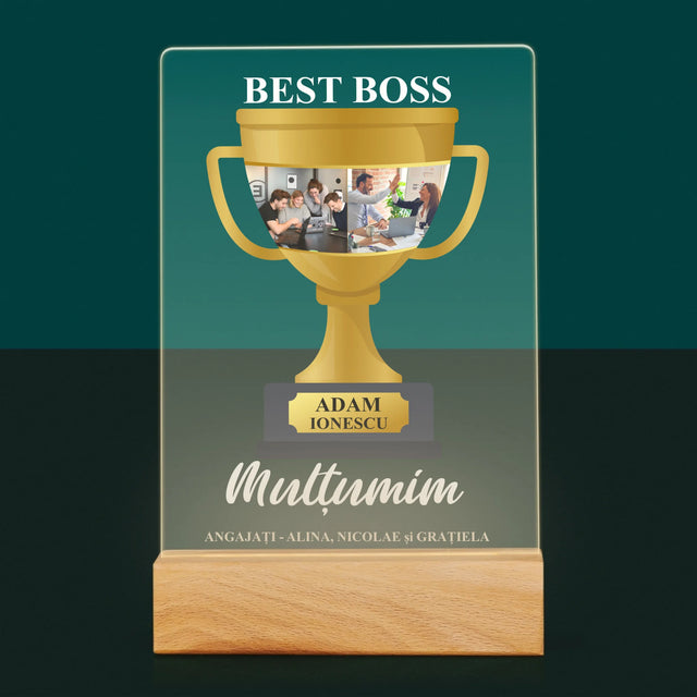 Colaj De Fotografii: Cupa Best Boss - Imprimare Pe Sticlă Acrilică (Verticală)