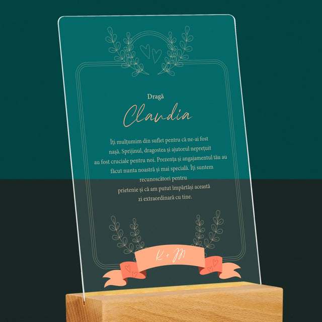 Numele Și Semnătura: Mulțumiri Pentru Nașă - Imprimare Pe Sticlă Acrilică (Verticală)