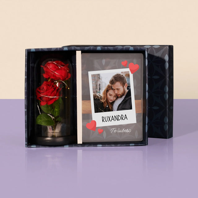 Fotografie Si Semnătură: Te Iubesc Fotografie - Set Cadou Cu Imprimare Pe Sticlă Și Trandafirul Etern