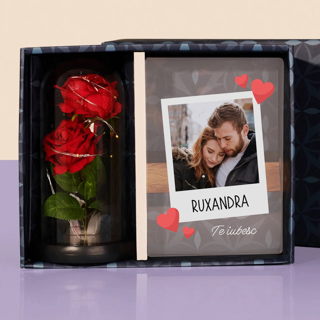 Fotografie Si Semnătură: Te Iubesc Fotografie - Set Cadou Cu Imprimare Pe Sticlă Și Trandafirul Etern