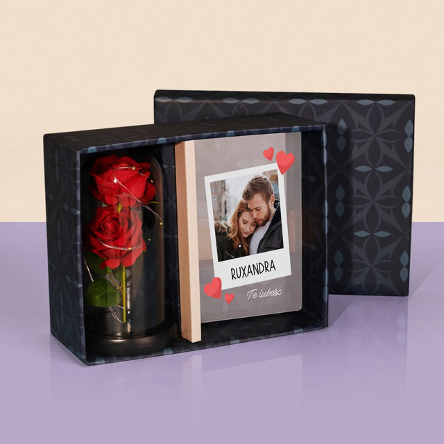 Fotografie Si Semnătură: Te Iubesc Fotografie - Set Cadou Cu Imprimare Pe Sticlă Și Trandafirul Etern