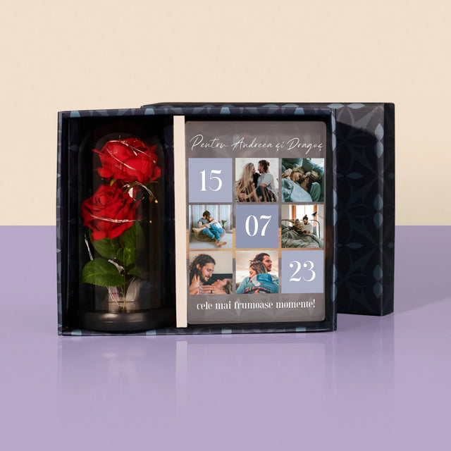 Colaj De Fotografii: Cele Mai Bune Momente - Set Cadou Cu Imprimare Pe Sticlă Și Trandafirul Etern