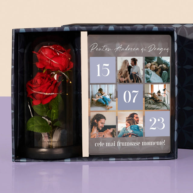 Colaj De Fotografii: Cele Mai Bune Momente - Set Cadou Cu Imprimare Pe Sticlă Și Trandafirul Etern