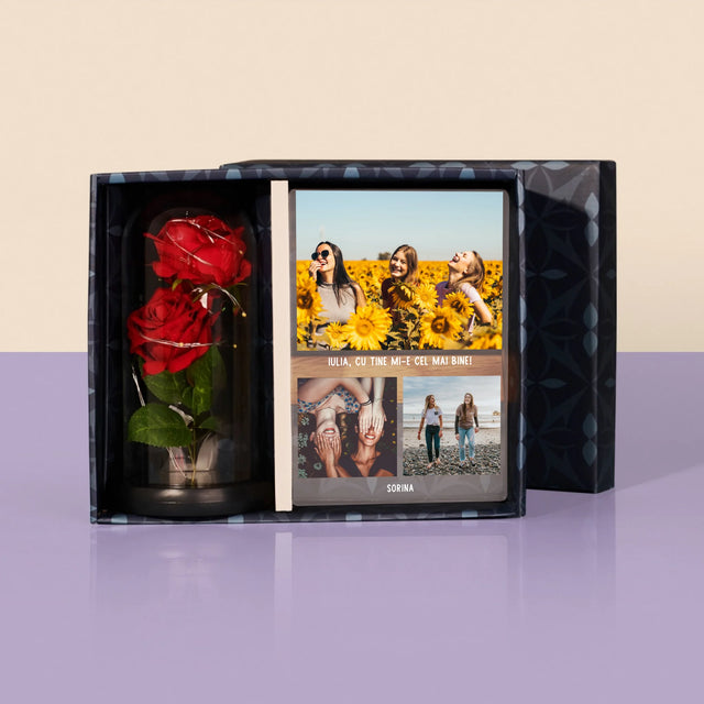 Colaj De Fotografii: Cele Mai Bune Prietene - Set Cadou Cu Imprimare Pe Sticlă Și Trandafirul Etern