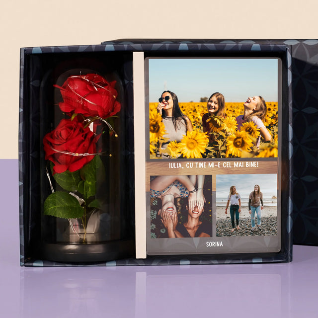 Colaj De Fotografii: Cele Mai Bune Prietene - Set Cadou Cu Imprimare Pe Sticlă Și Trandafirul Etern