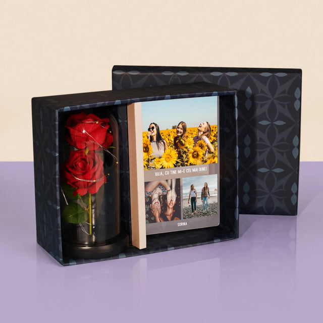 Colaj De Fotografii: Cele Mai Bune Prietene - Set Cadou Cu Imprimare Pe Sticlă Și Trandafirul Etern