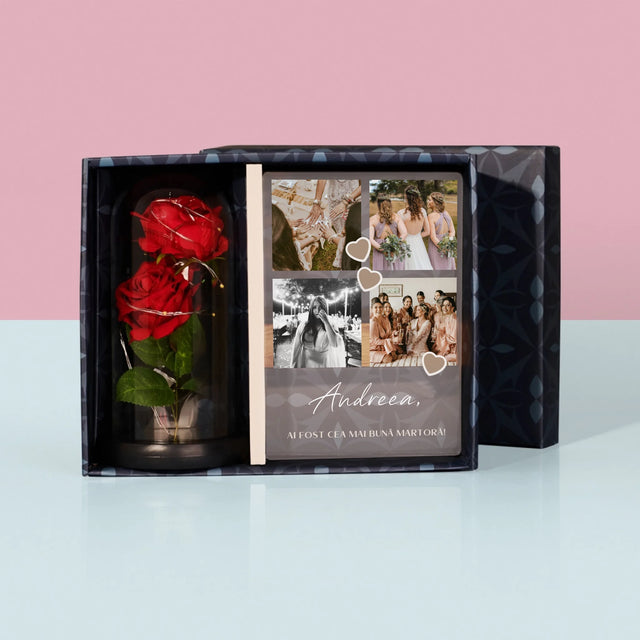 Colaj De Fotografii: Mulțumesc Colaj De Fotografii Pentru Martoră La Cununie - Set Cadou Cu Imprimare Pe Sticlă Și Trandafirul Etern