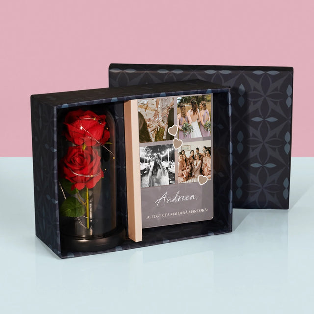 Colaj De Fotografii: Mulțumesc Colaj De Fotografii Pentru Martoră La Cununie - Set Cadou Cu Imprimare Pe Sticlă Și Trandafirul Etern