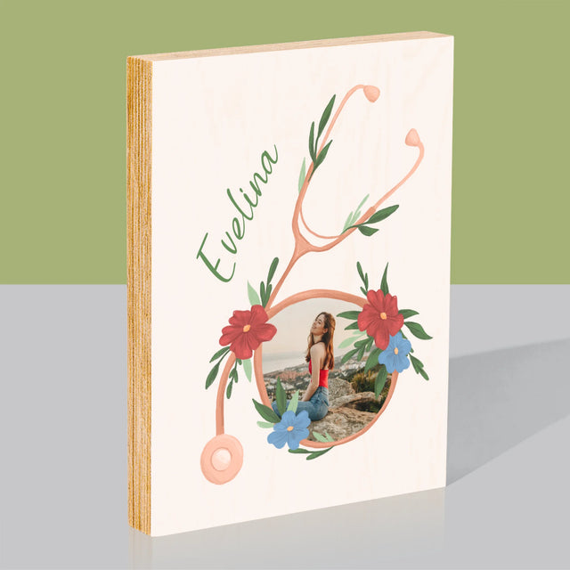 Fotografie Si Semnătură: Stetoscopul Cu Flori - Imprimare Pe Lemn ( Verticală)