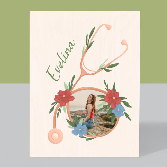 Fotografie Si Semnătură: Stetoscopul Cu Flori - Imprimare Pe Lemn ( Verticală)