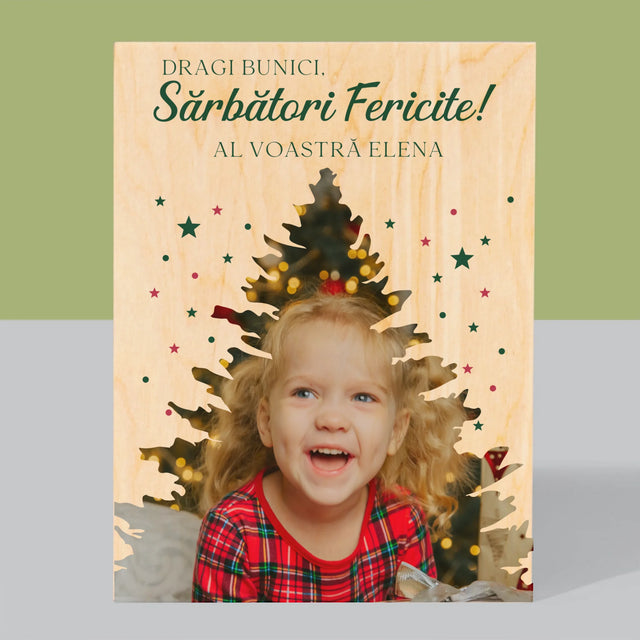 Formă Din Fotografii: Brad Sărbători - Imprimare Pe Lemn ( Verticală)