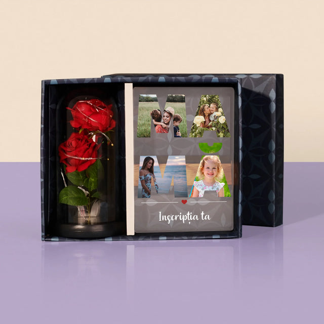 Cuvânt Din Fotografii: Mamă Din Fotografiile Tale - Set Cadou Cu Imprimare Pe Sticlă Și Trandafirul Etern
