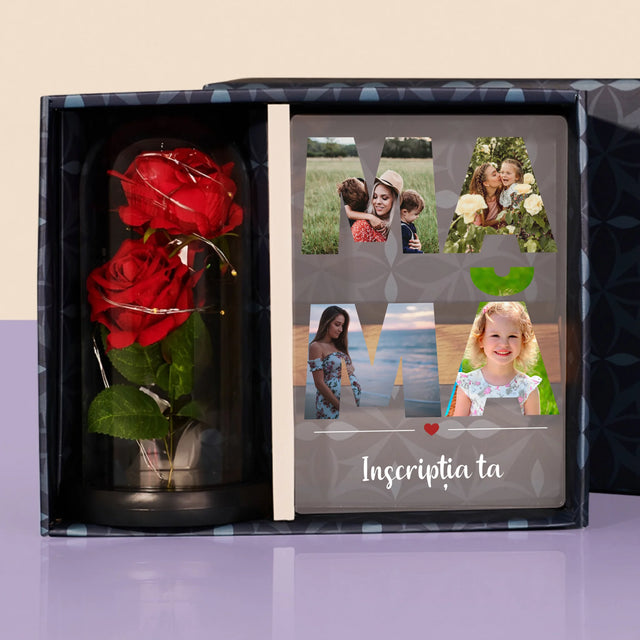 Cuvânt Din Fotografii: Mamă Din Fotografiile Tale - Set Cadou Cu Imprimare Pe Sticlă Și Trandafirul Etern
