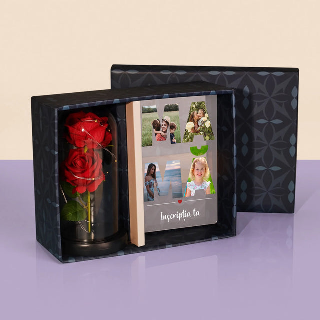 Cuvânt Din Fotografii: Mamă Din Fotografiile Tale - Set Cadou Cu Imprimare Pe Sticlă Și Trandafirul Etern