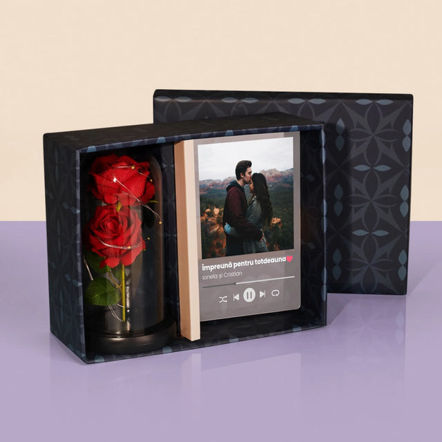 Fotografie Si Semnătură: Spotify Cu Fotografia Ta - Set Cadou Cu Imprimare Pe Sticlă Și Trandafirul Etern