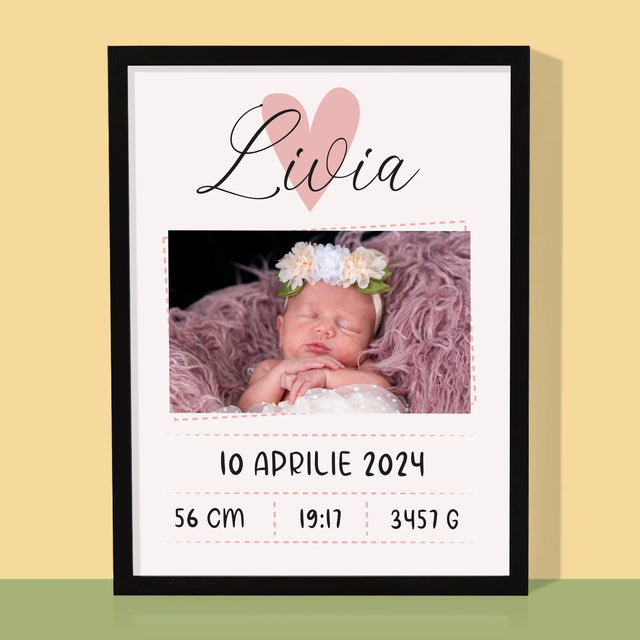 Certificat De Naștere: Certificat De Naștere Inimioară Fată - Imprimare Cu Ramă 30X40 (Verticală)